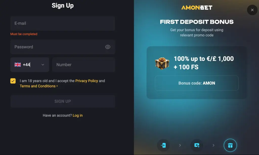 Setting up your Amon Bet online casino account - sign up form