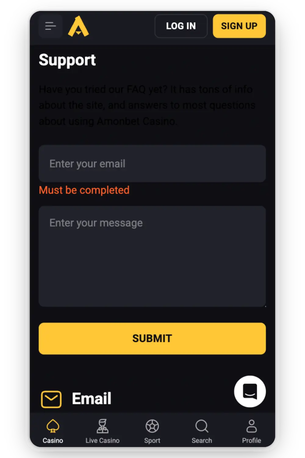 Amonbet Casino Customer Support screen